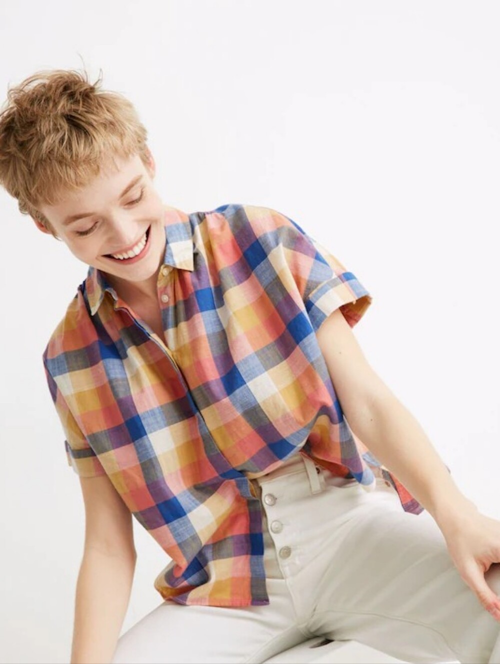 Madewell Hilltop Shirt Rainbow Check Top Button Up Down Plaid Blue Orange Small